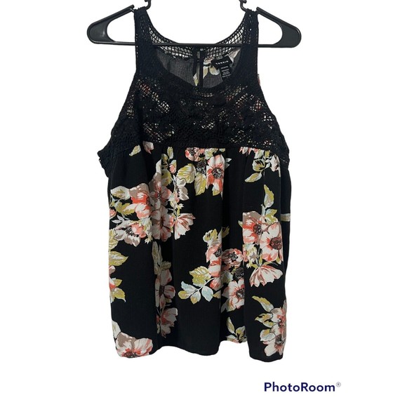 Torrid Floral Print Gauze Crochet Tank Top Black‎ Size 2 - Picture 1 of 9
